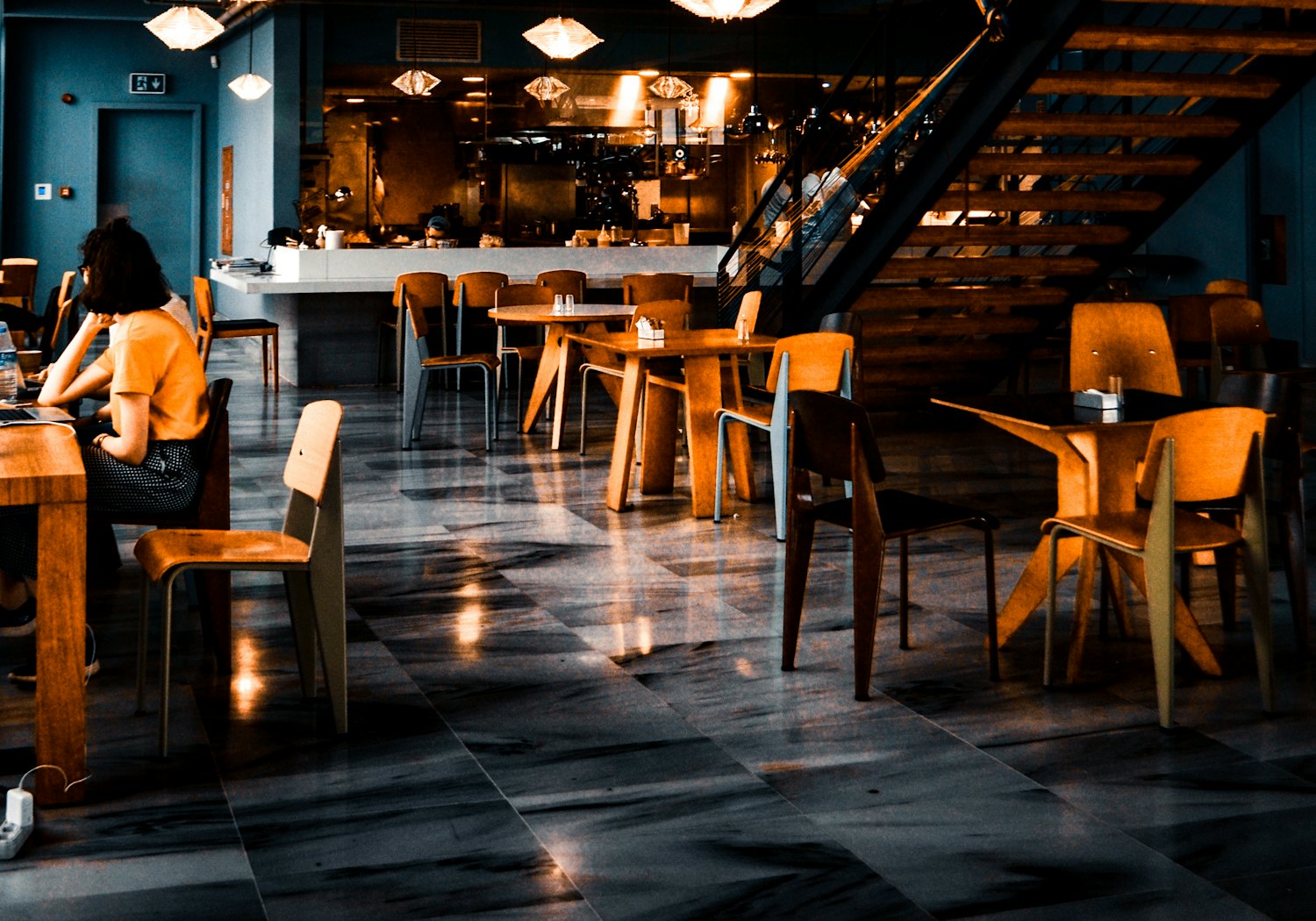 Warm lamps above the counter